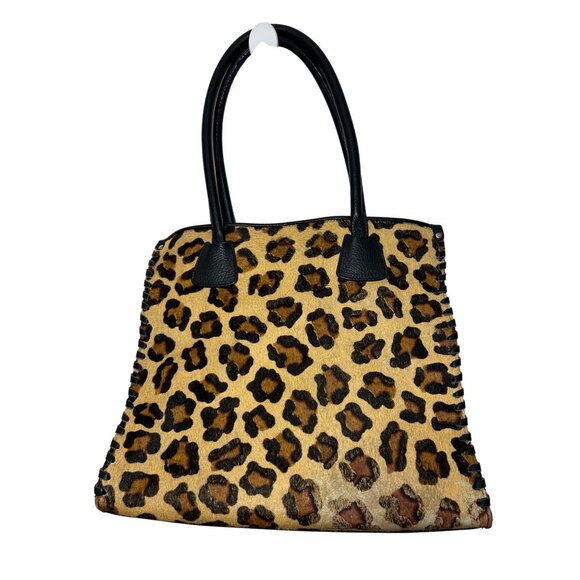 Claudia Firenze Leopard Print Calf Hair Black Leather Tote Vtg Italy Double Hand - Picture 1 of 16